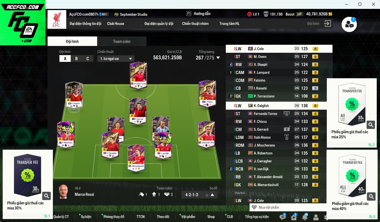 Liverpool 563.620b dư 40.700b có Dalglish CC, Van Dijk 23HW, Alonso CC, Gerrard CC, Mascherano CC, Robertson 23HW, Torres HG, Arnold HG, Shaqiri CC, Chiesa HG... HLV Xịn